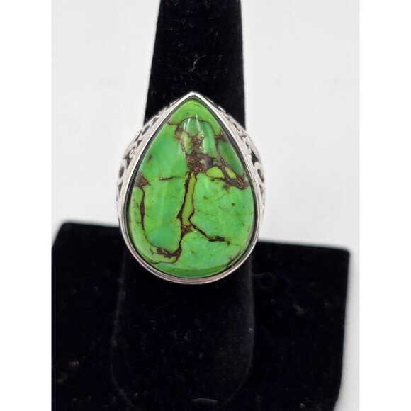Green Copper Turquoise Teardrop 925 Sterling Silver Ring Size 8 MSI Thailand - Picture 1 of 10